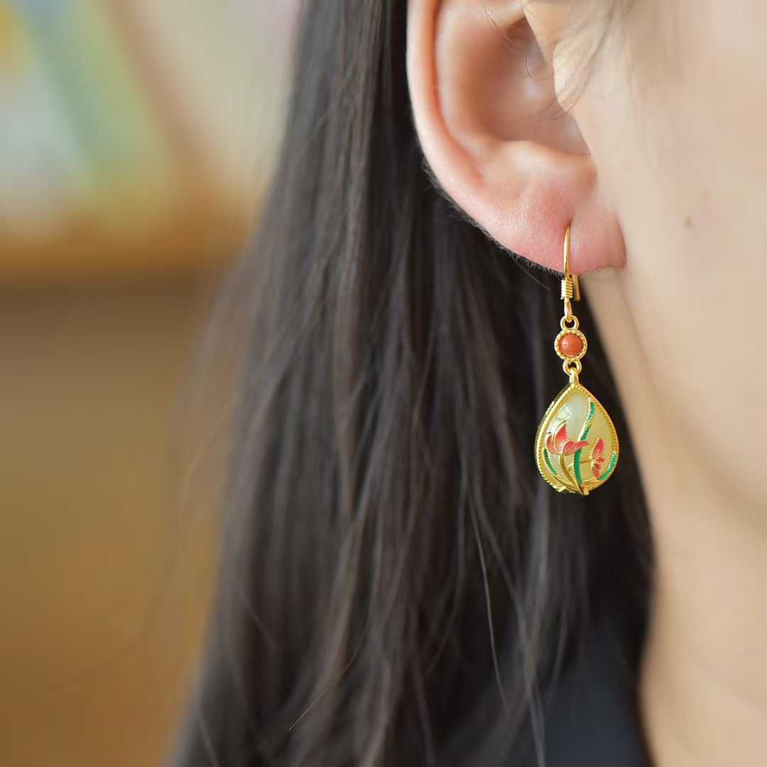 925 Silver Inlaid Nephrite "Harmonious Beauty" Teardrop Earrings - jewelry - weilin.com