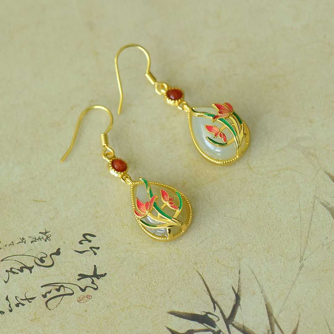925 Silver Inlaid Nephrite "Harmonious Beauty" Teardrop Earrings - jewelry - weilin.com