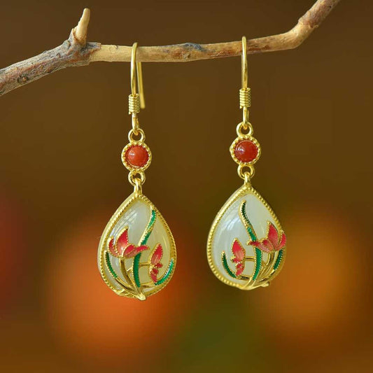 925 Silver Inlaid Nephrite "Harmonious Beauty" Teardrop Earrings - jewelry - weilin.com