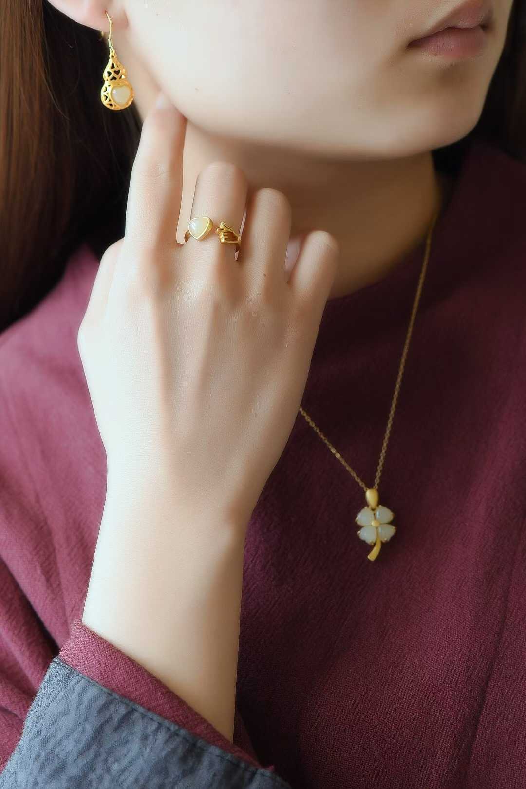 925 Silver Inlaid Nephrite Heart - Shaped Thick Matte Gold Set - jewelry - weilin.com