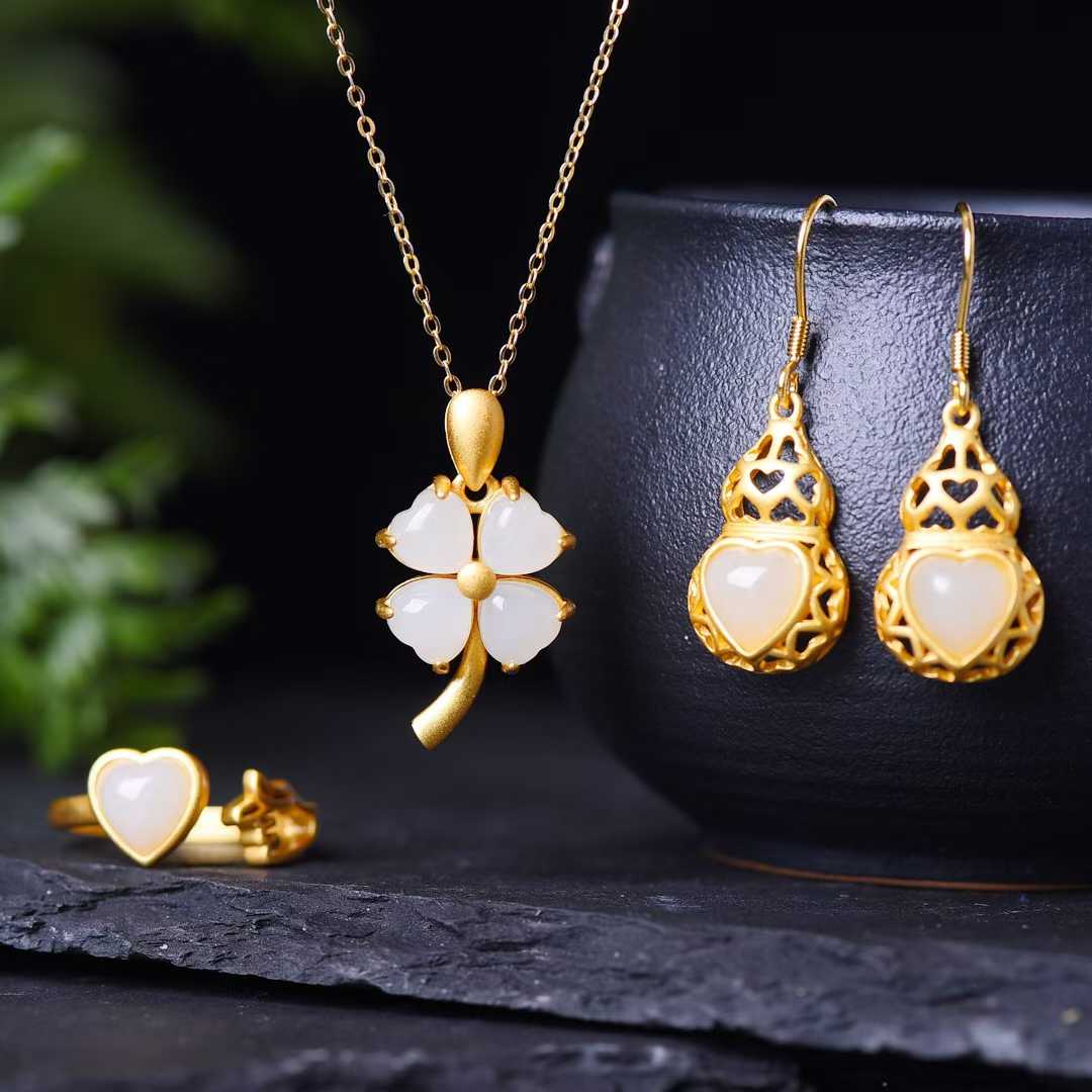 925 Silver Inlaid Nephrite Heart - Shaped Thick Matte Gold Set - jewelry - weilin.com