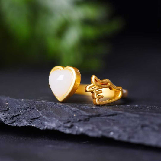 925 Silver Inlaid Nephrite Heart - Shaped Thick Matte Gold Set - jewelry - weilin.com
