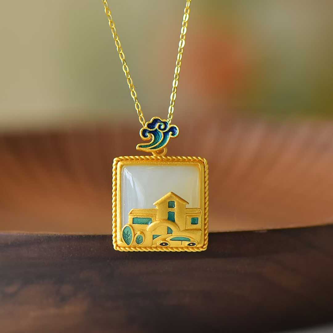 925 Silver Inlaid Nephrite "House and Car" Pendant - jewelry - weilin.com