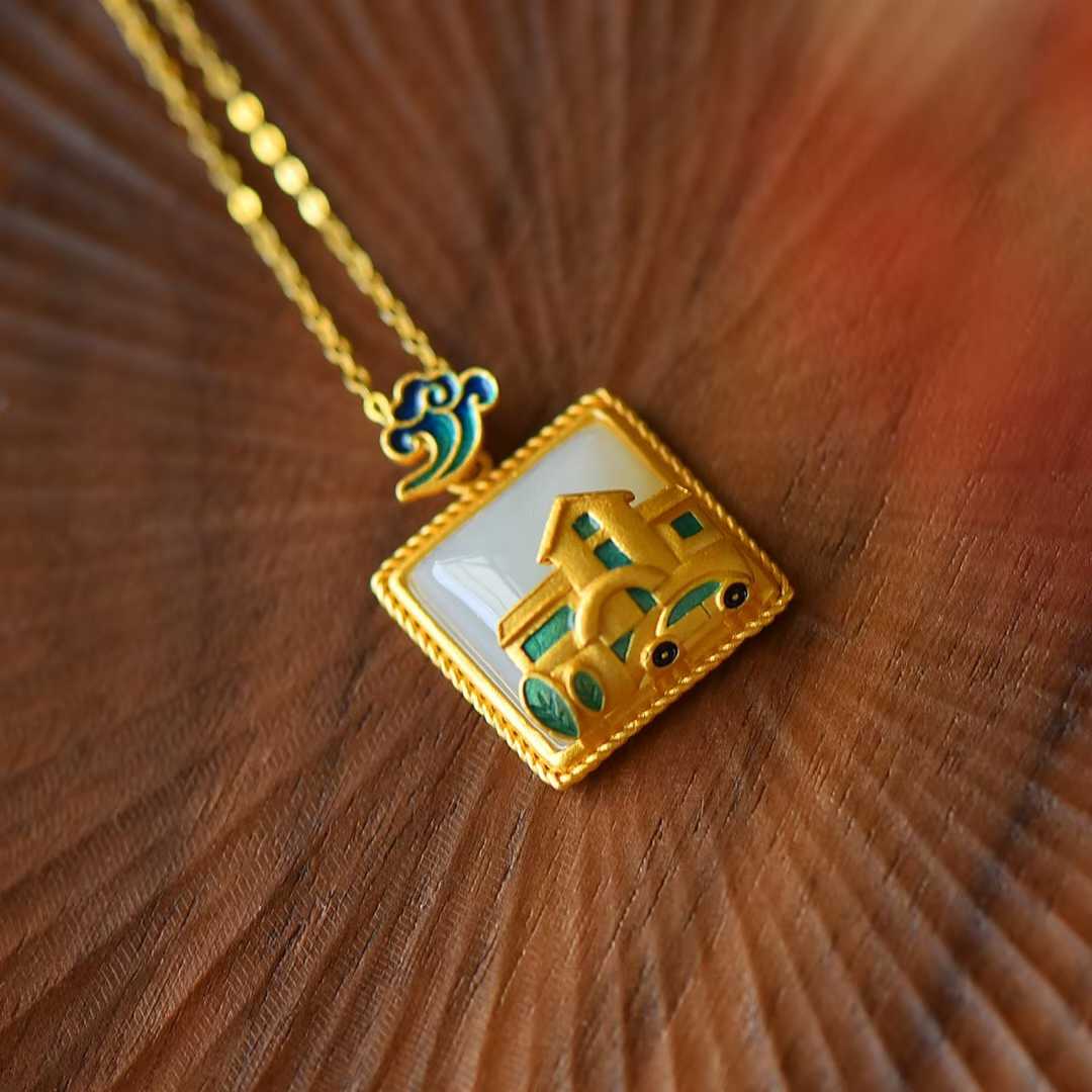 925 Silver Inlaid Nephrite "House and Car" Pendant - jewelry - weilin.com