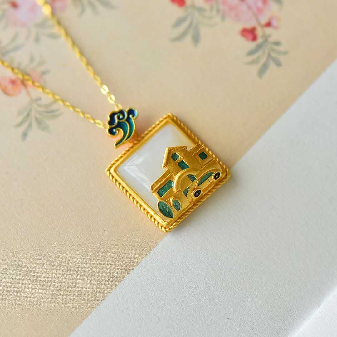 925 Silver Inlaid Nephrite "House and Car" Pendant - jewelry - weilin.com