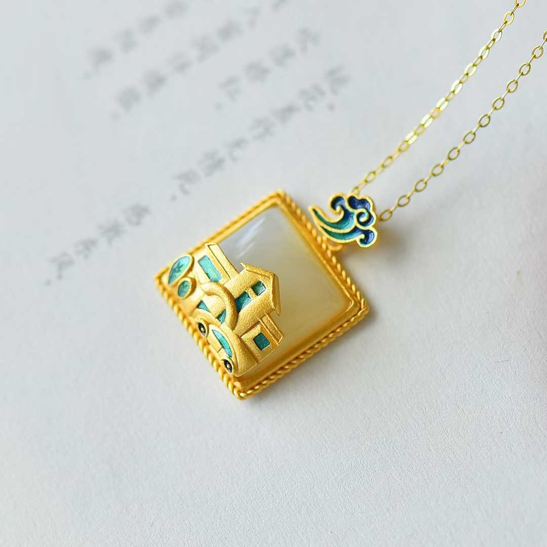 925 Silver Inlaid Nephrite "House and Car" Pendant - jewelry - weilin.com