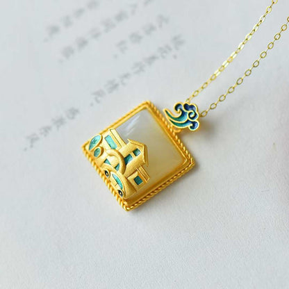 925 Silver Inlaid Nephrite "House and Car" Pendant - jewelry - weilin.com