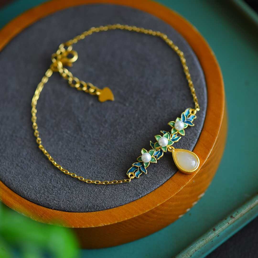 925 Silver Inlaid Nephrite Jewelry Set with Thick Matte Gold - jewelry - weilin.com