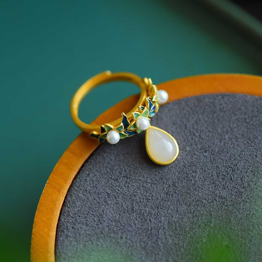925 Silver Inlaid Nephrite Jewelry Set with Thick Matte Gold - jewelry - weilin.com