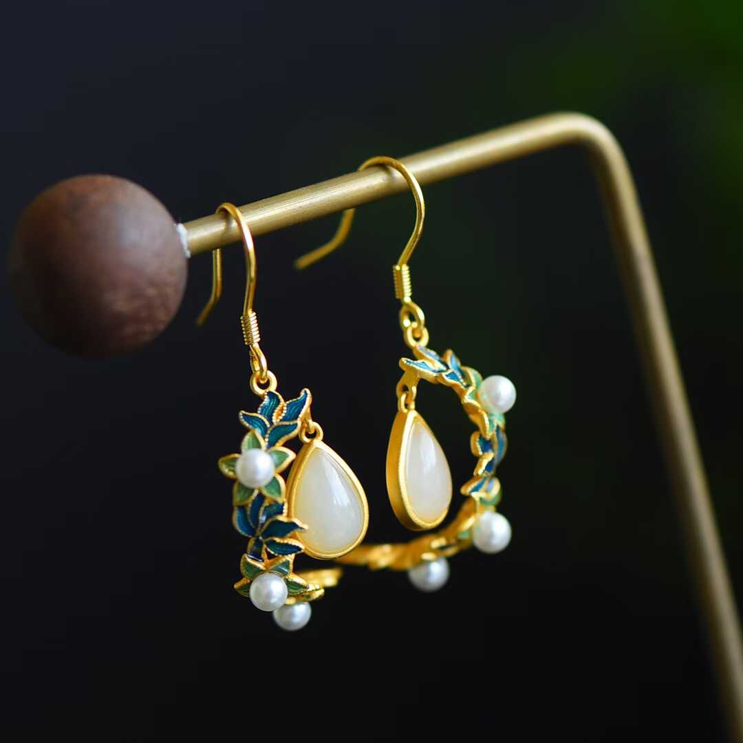 925 Silver Inlaid Nephrite Jewelry Set with Thick Matte Gold - jewelry - weilin.com