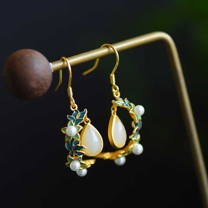 925 Silver Inlaid Nephrite Jewelry Set with Thick Matte Gold - jewelry - weilin.com