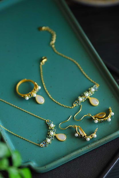 925 Silver Inlaid Nephrite Jewelry Set with Thick Matte Gold - jewelry - weilin.com