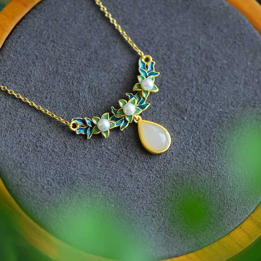 925 Silver Inlaid Nephrite Jewelry Set with Thick Matte Gold - jewelry - weilin.com