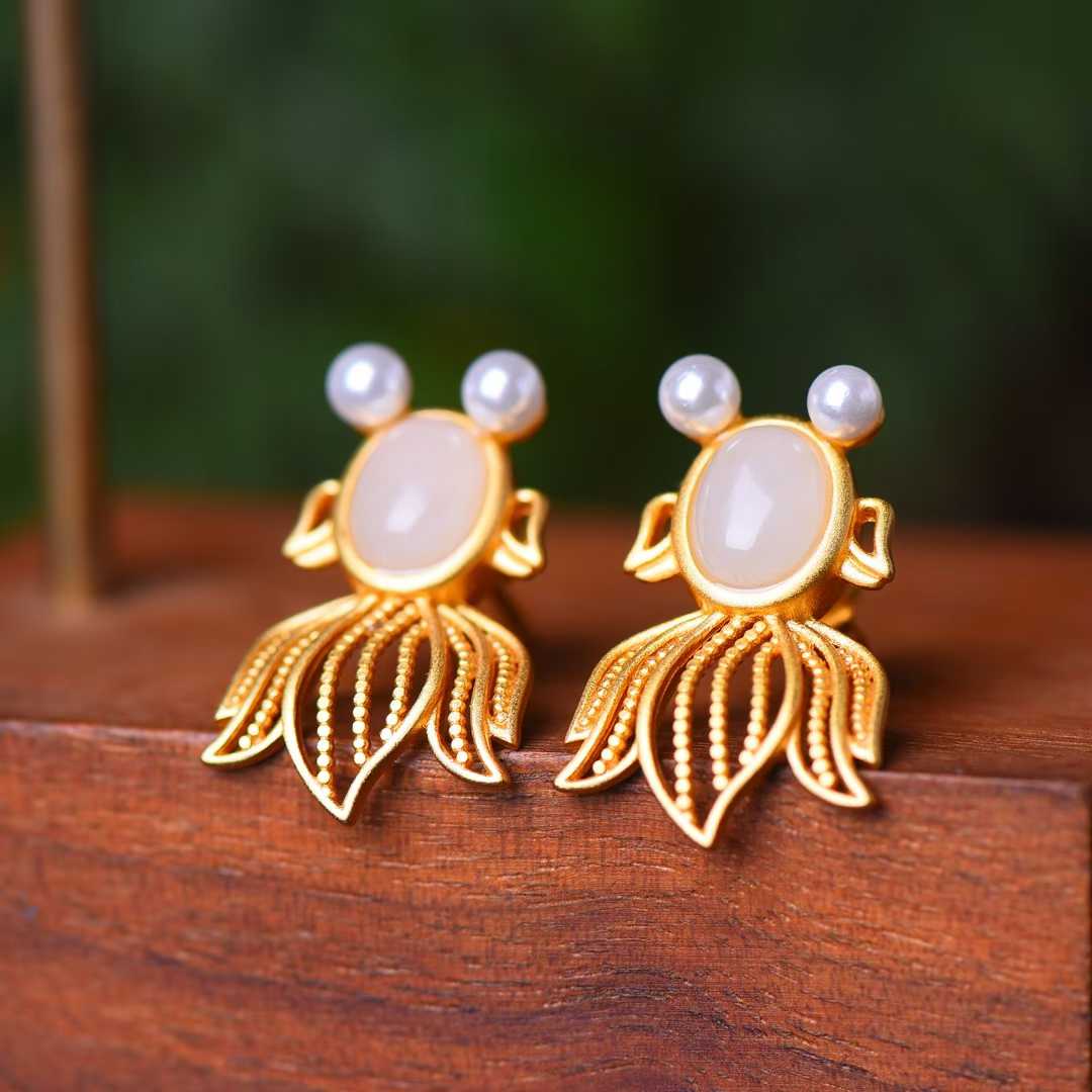 925 Silver Inlaid Nephrite Jewelry Set with Thick Matte Gold Fish Pendant - jewelry - weilin.com