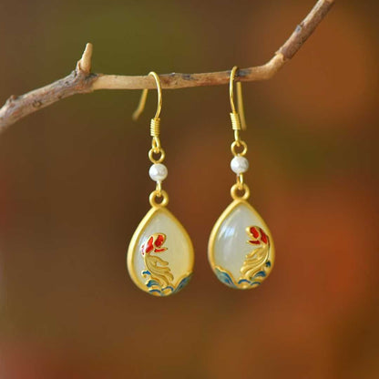 925 Silver Inlaid Nephrite "Koi Fish Coming Ashore" Teardrop Earrings - jewelry - weilin.com