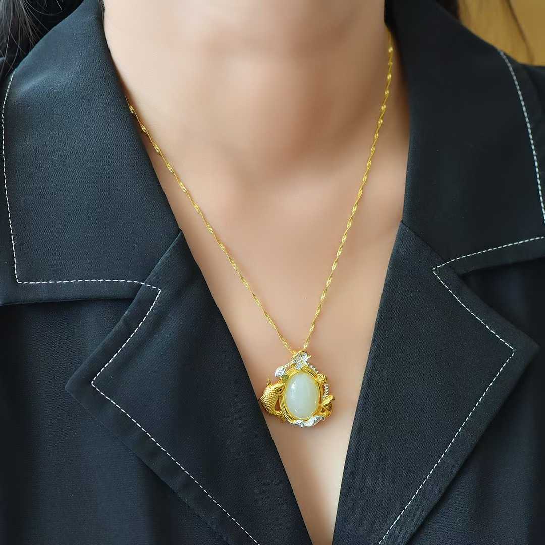 925 Silver Inlaid Nephrite "Like a Fish in Water" Pendant - jewelry - weilin.com