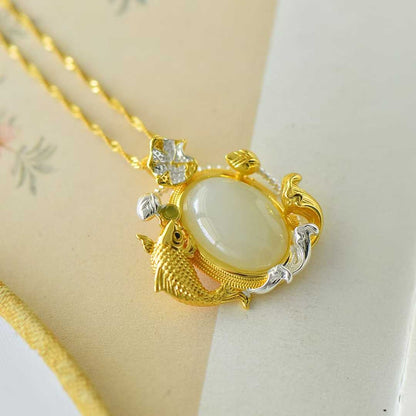 925 Silver Inlaid Nephrite "Like a Fish in Water" Pendant - jewelry - weilin.com
