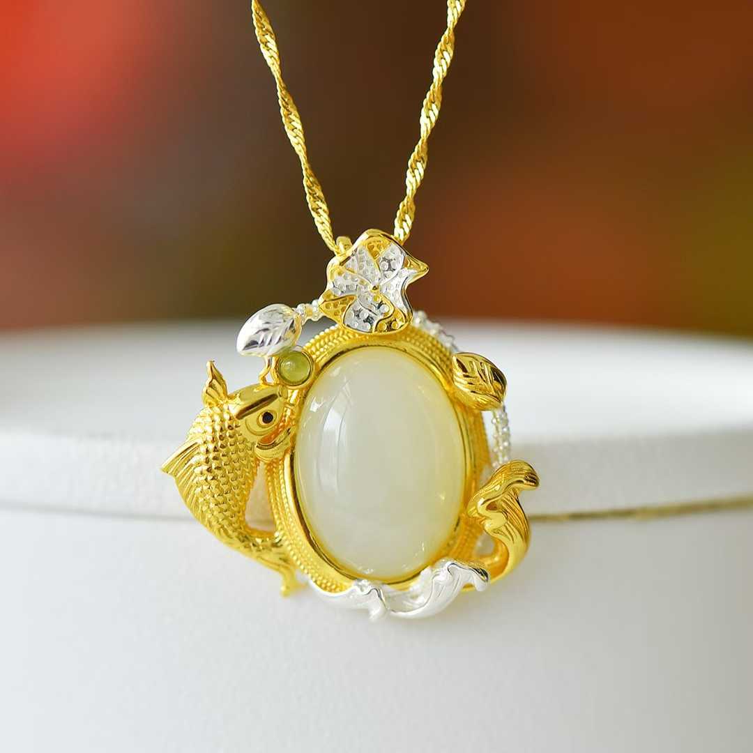 925 Silver Inlaid Nephrite "Like a Fish in Water" Pendant - jewelry - weilin.com