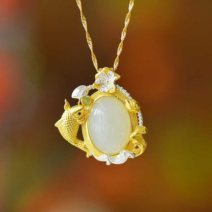925 Silver Inlaid Nephrite "Like a Fish in Water" Pendant - jewelry - weilin.com