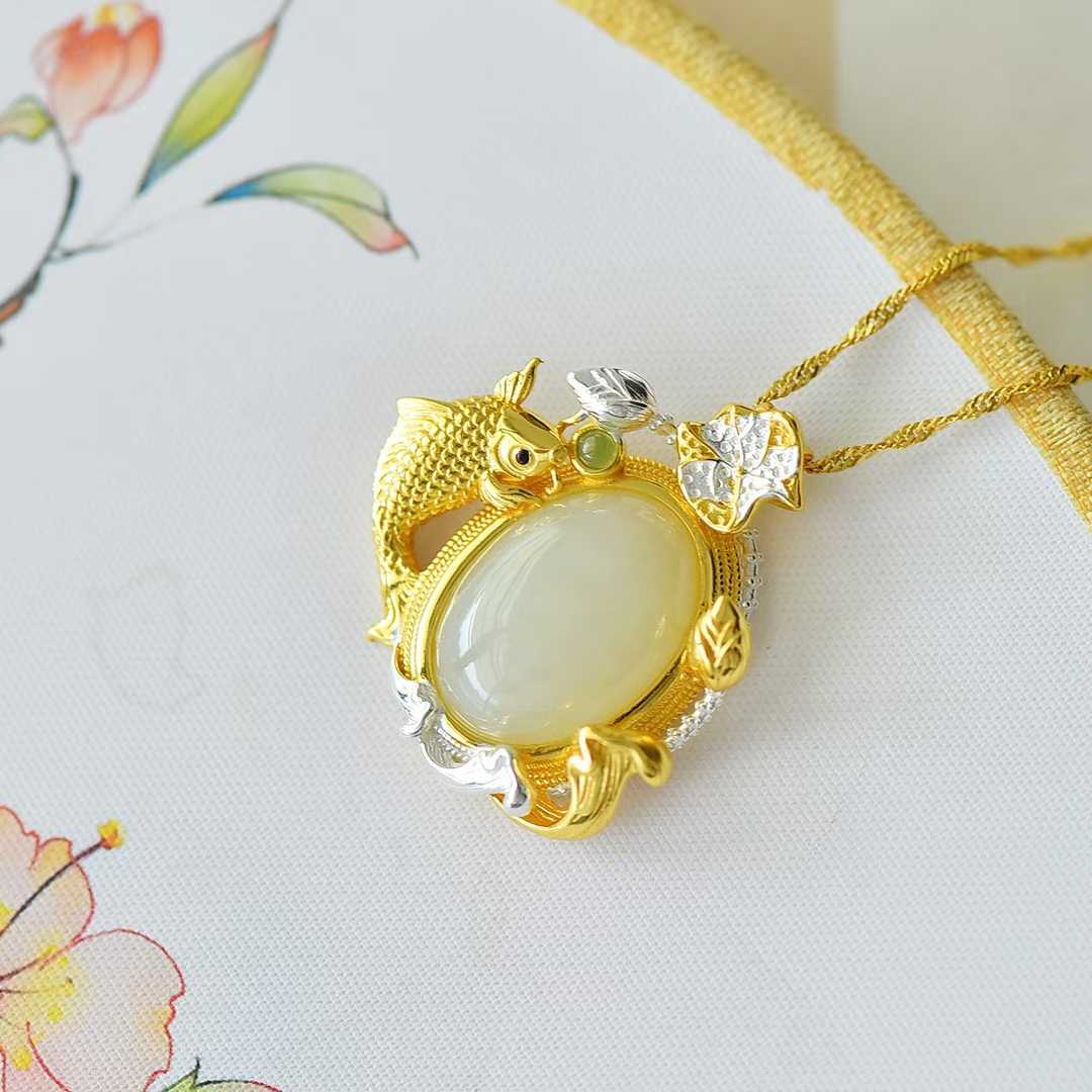 925 Silver Inlaid Nephrite "Like a Fish in Water" Pendant - jewelry - weilin.com