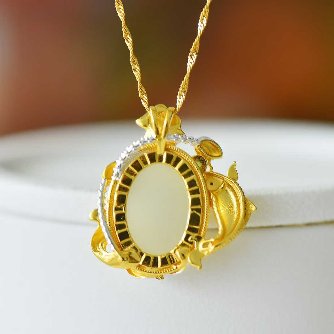 925 Silver Inlaid Nephrite "Like a Fish in Water" Pendant - jewelry - weilin.com
