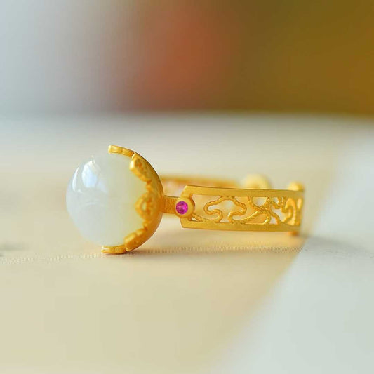 925 Silver Inlaid Nephrite Lotus Bud Ring - jewelry - weilin.com