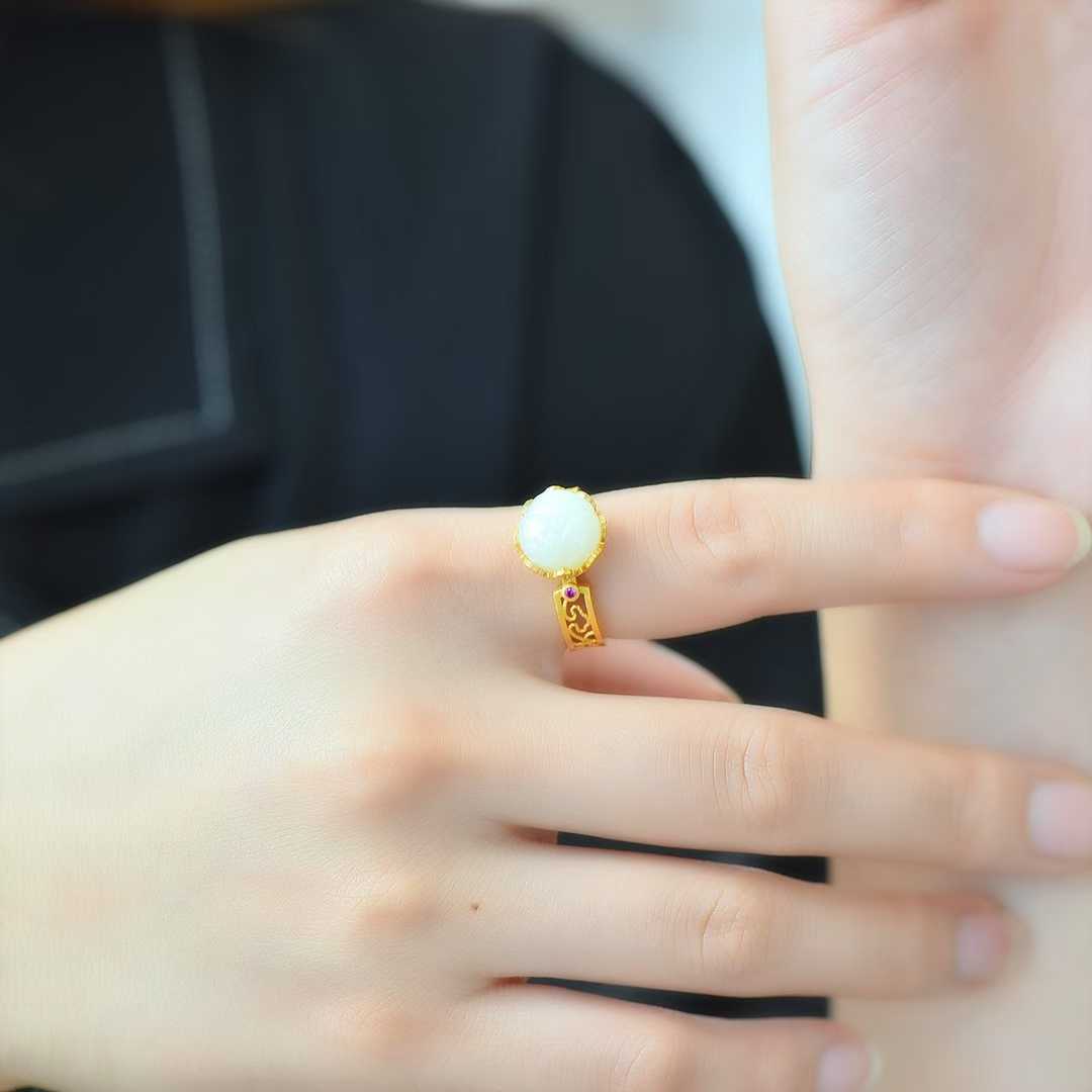 925 Silver Inlaid Nephrite Lotus Bud Ring - jewelry - weilin.com