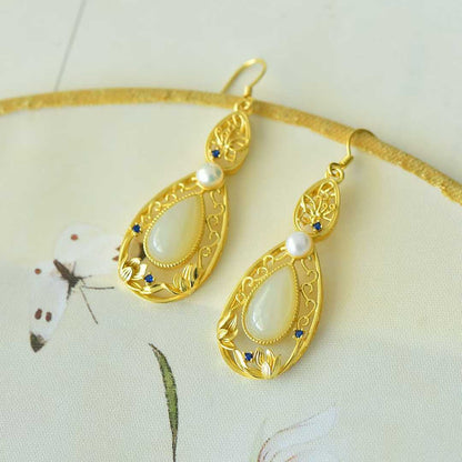 925 Silver Inlaid Nephrite "Lotus of Good Fortune" Teardrop Earrings - jewelry - weilin.com