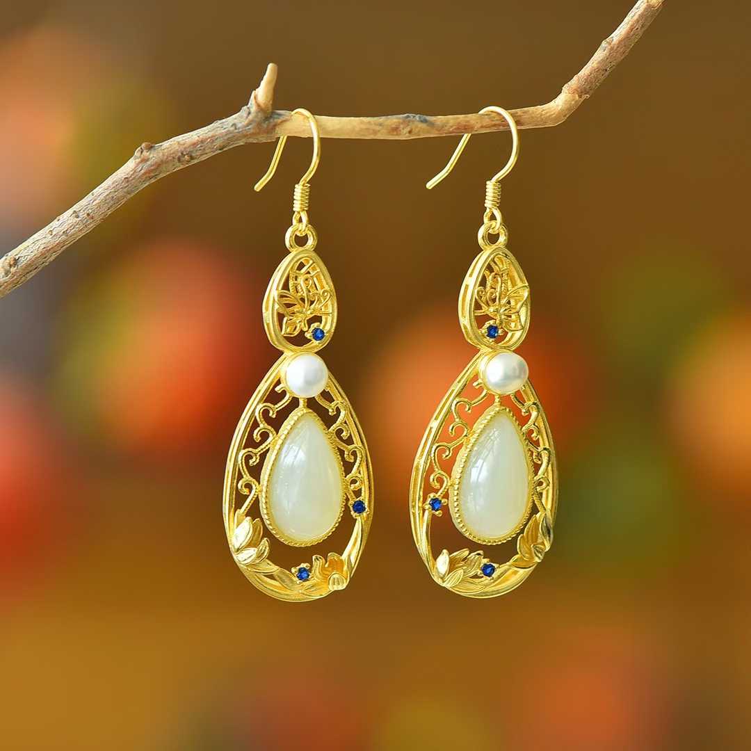 925 Silver Inlaid Nephrite "Lotus of Good Fortune" Teardrop Earrings - jewelry - weilin.com