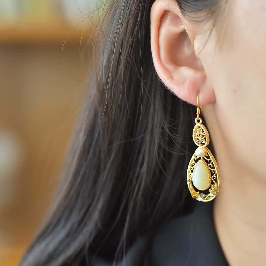 925 Silver Inlaid Nephrite "Lotus of Good Fortune" Teardrop Earrings - jewelry - weilin.com