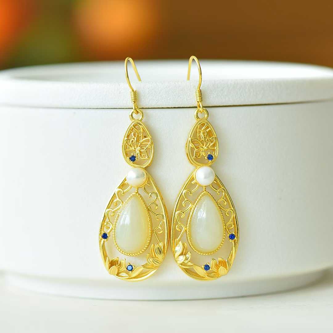 925 Silver Inlaid Nephrite "Lotus of Good Fortune" Teardrop Earrings - jewelry - weilin.com