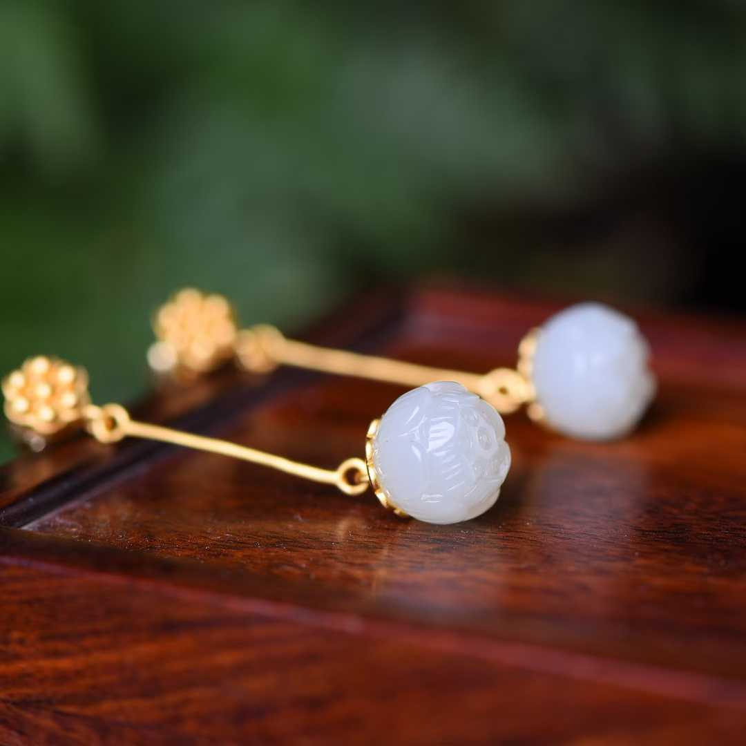 925 Silver Inlaid Nephrite Lotus Seed Pod Earrings - jewelry - weilin.com