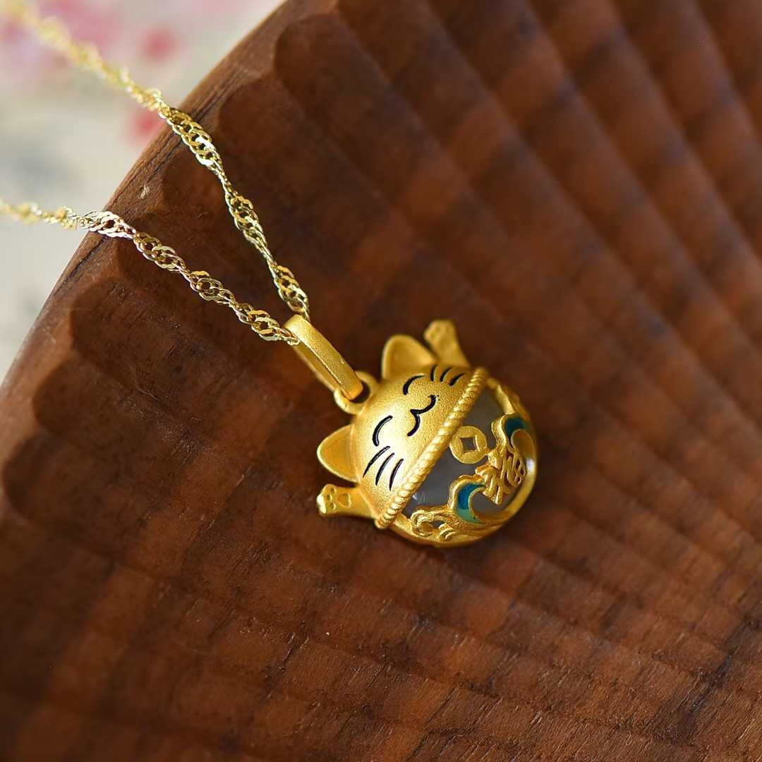 925 Silver Inlaid Nephrite "Lucky Fortune Cat" Pendant - jewelry - weilin.com