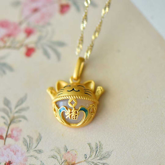 925 Silver Inlaid Nephrite "Lucky Fortune Cat" Pendant - jewelry - weilin.com