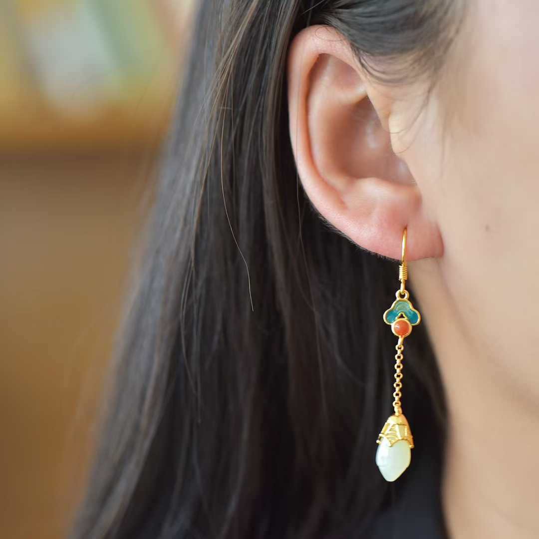 925 Silver Inlaid Nephrite Magnolia and Auspicious Cloud Earrings with Southern Red Agate and Enamel - jewelry - weilin.com