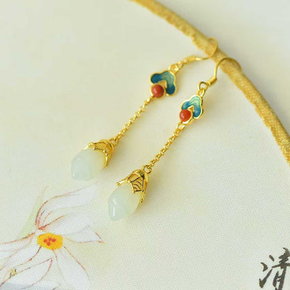 925 Silver Inlaid Nephrite Magnolia and Auspicious Cloud Earrings with Southern Red Agate and Enamel - jewelry - weilin.com