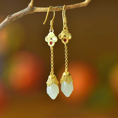 925 Silver Inlaid Nephrite Magnolia and Auspicious Cloud Earrings with Southern Red Agate and Enamel - jewelry - weilin.com