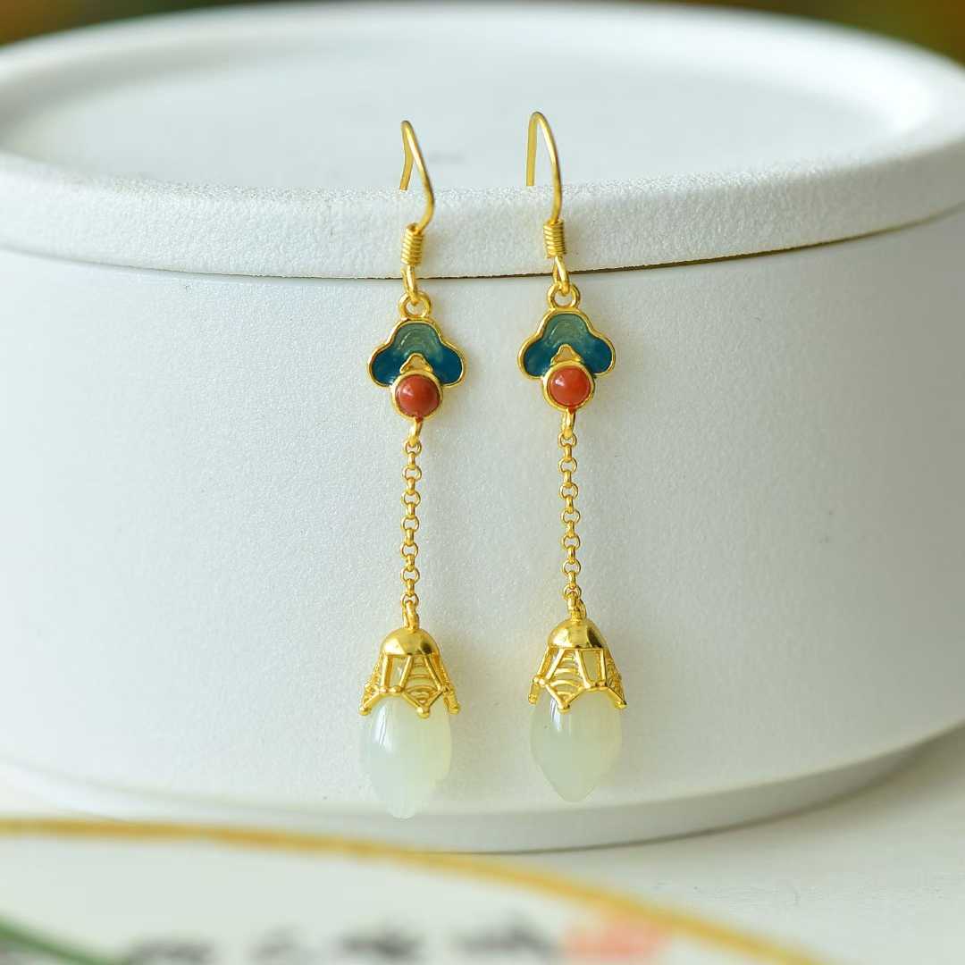 925 Silver Inlaid Nephrite Magnolia and Auspicious Cloud Earrings with Southern Red Agate and Enamel - jewelry - weilin.com