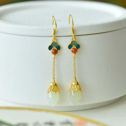 925 Silver Inlaid Nephrite Magnolia and Auspicious Cloud Earrings with Southern Red Agate and Enamel - jewelry - weilin.com