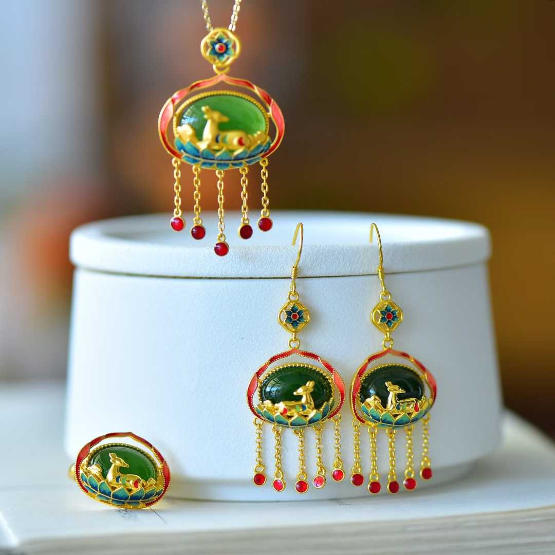 925 Silver Inlaid Nephrite "Meeting the Divine Deer" Jewelry Set - jewelry - weilin.com