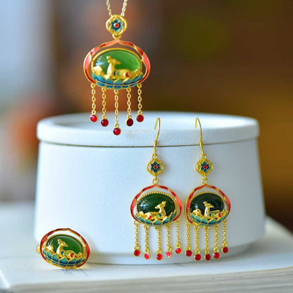 925 Silver Inlaid Nephrite "Meeting the Divine Deer" Jewelry Set - jewelry - weilin.com