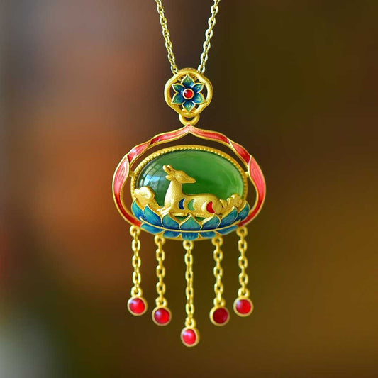 925 Silver Inlaid Nephrite "Meeting the Divine Deer" Jewelry Set - jewelry - weilin.com