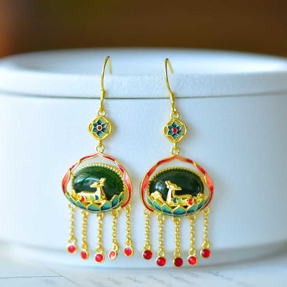925 Silver Inlaid Nephrite "Meeting the Divine Deer" Jewelry Set - jewelry - weilin.com