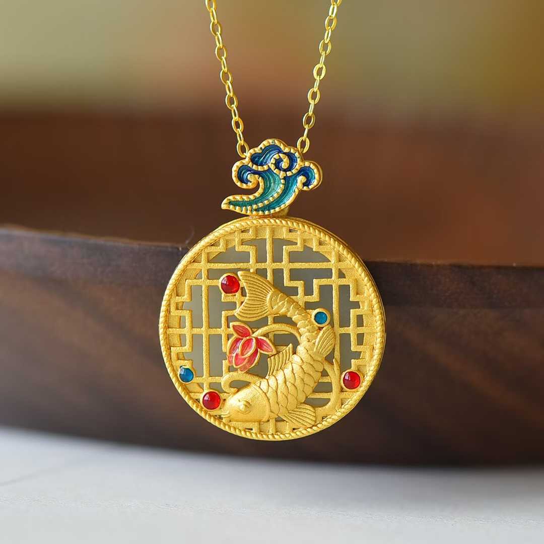 925 Silver Inlaid Nephrite "Niannian Youyu" Pendant - jewelry - weilin.com