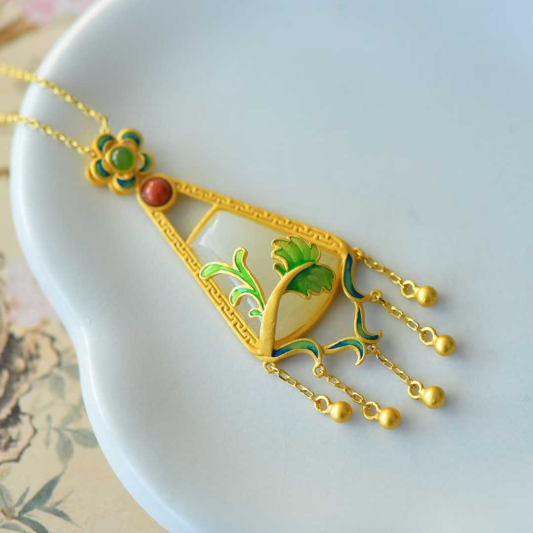 925 Silver Inlaid Nephrite "One Leaf Contains the Universe" Tassel Pendant - jewelry - weilin.com