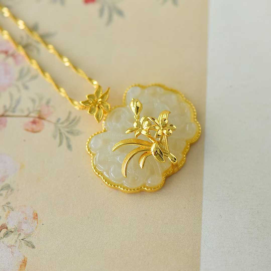 925 Silver Inlaid Nephrite Orchid Pendant - jewelry - weilin.com