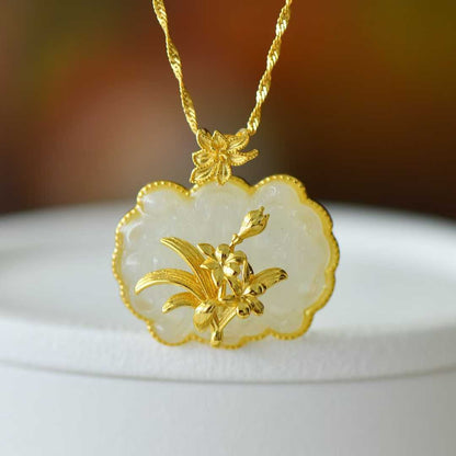 925 Silver Inlaid Nephrite Orchid Pendant - jewelry - weilin.com