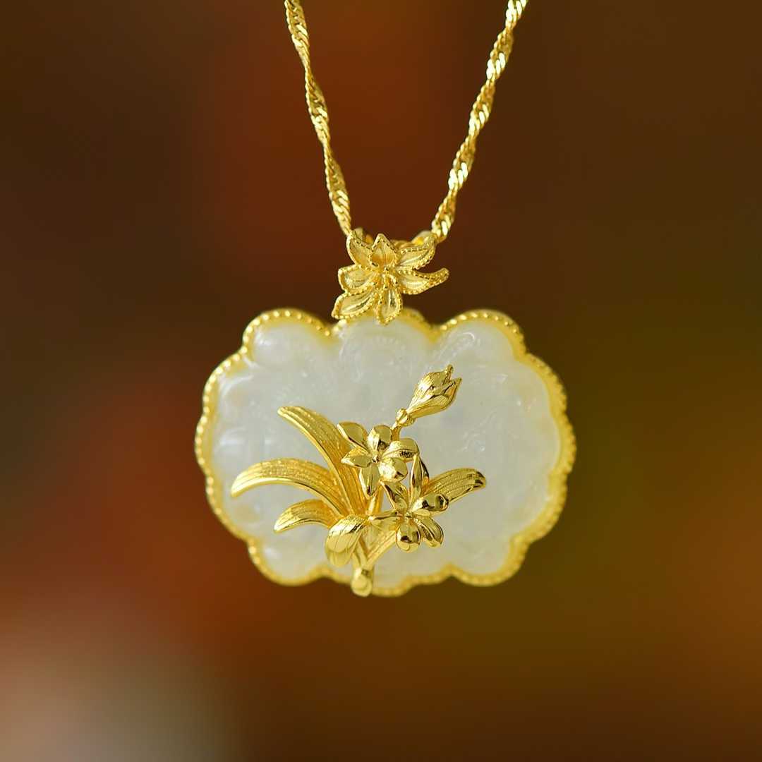925 Silver Inlaid Nephrite Orchid Pendant - jewelry - weilin.com