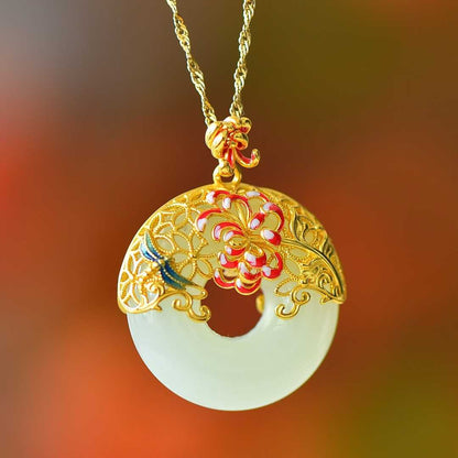925 Silver Inlaid Nephrite "Peony Filigree Peace Ring" Pendant - jewelry - weilin.com