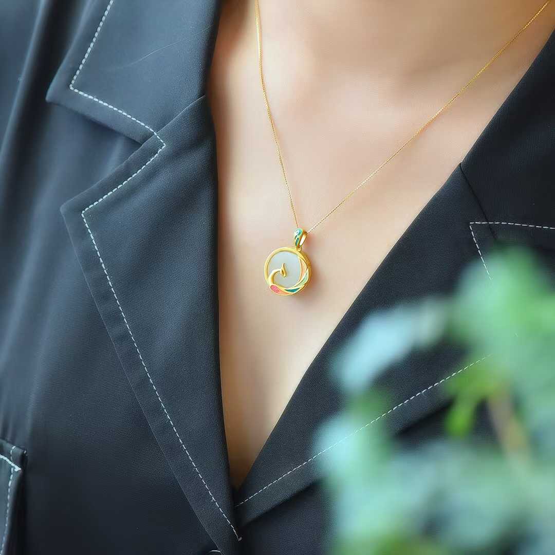 925 Silver Inlaid Nephrite "Phoenix Looking Back" Pendant - jewelry - weilin.com